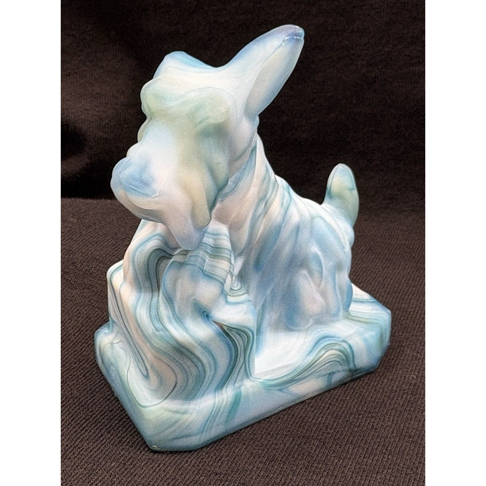 Rare! Boyd Glass Scottie JB  Dog Figurine Blue Slag Marble Effect Vintage